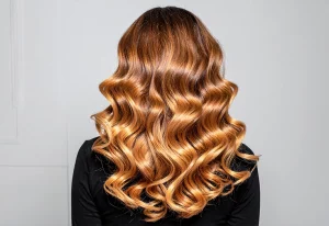 Woman's glossy red hair.