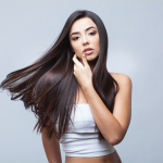 Woman with healthy long brown hair.