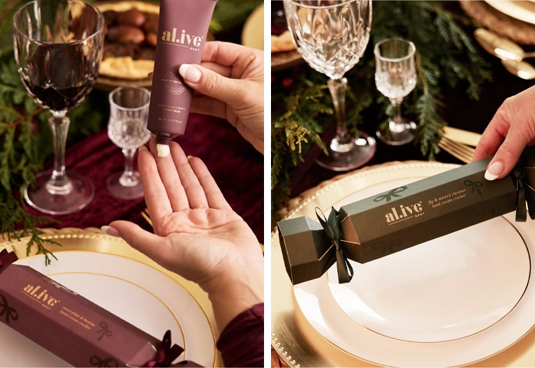 al.ive beauty Christmas crackers in red and green varieties.