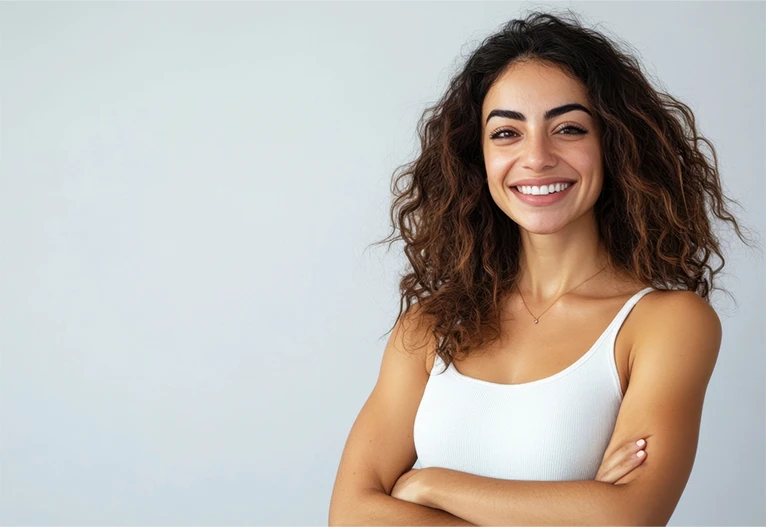 Woman with thick eyebrows.