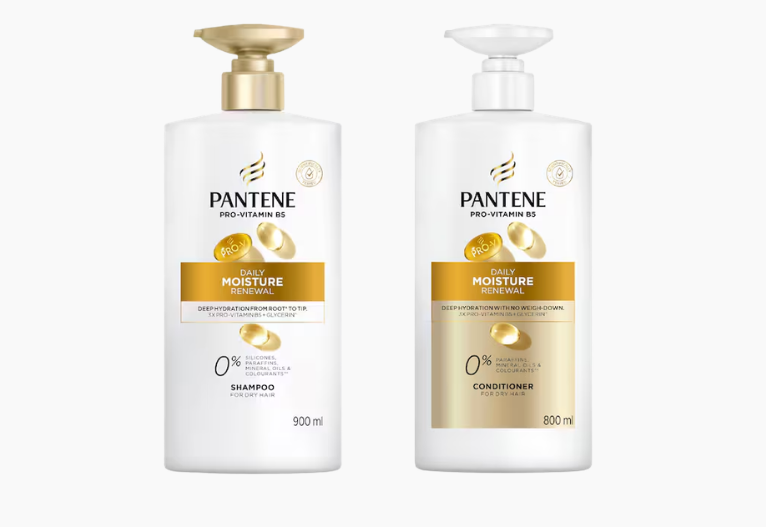 Pantene shampoo and conditioner bottles.